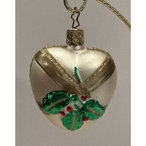Vintage Glass Germany Heart Shaped Holly Berry Christmas Ornament Gold Glitter